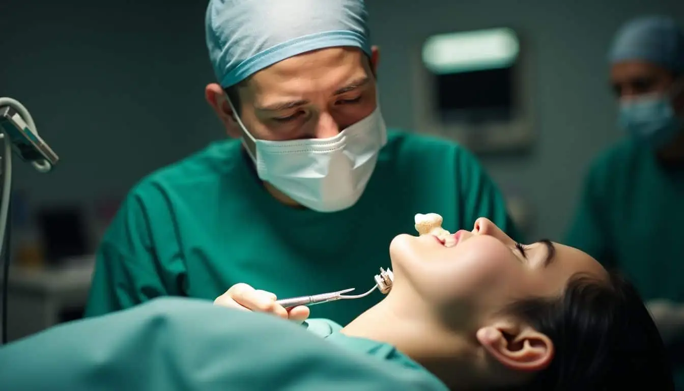 A dental surgeon performing a ridge augmentation procedure on a patient's jaw. Dental professional performing ridge augmentation procedure on patient, focused on jawbone restoration for dental implants in clinical setting.