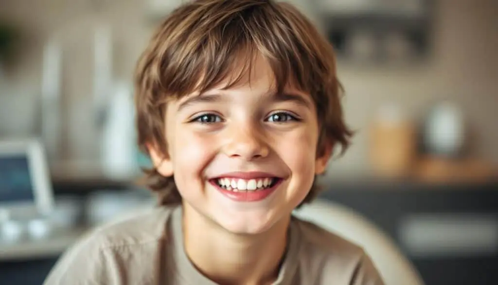 Smiling child in a casual setting, representing the positive outcomes of a frenectomy for improved speech and eating related to tongue-tie treatment.