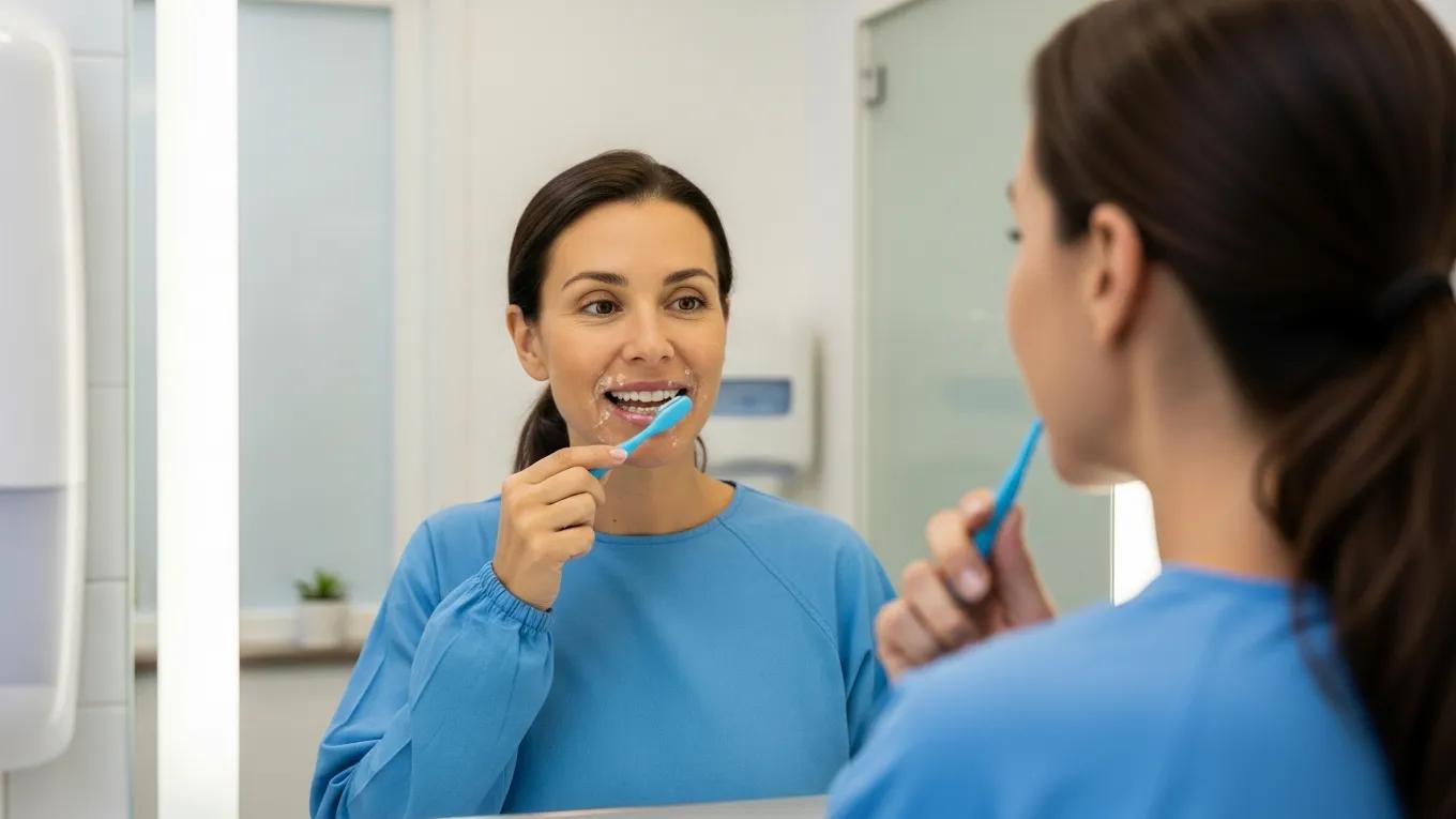 Woman brushing teeth and using interdental brush, illustrating oral hygiene for dental implant care.