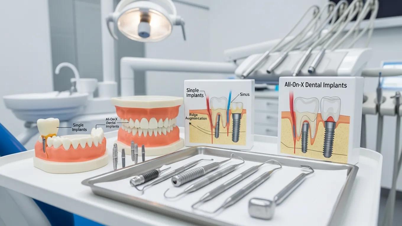Dental implant models and instruments illustrating All-On-X and traditional implant treatments.
