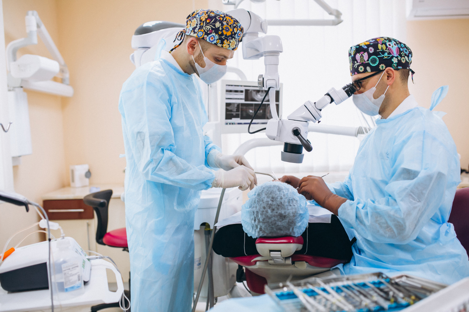 Dental surgeons performing an All-on-4 dental implant procedure in a modern dental clinic in Brandywine.