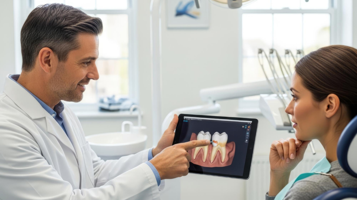 Dentist explaining a digital dental treatment plan to a patient using a tablet in a dental office.