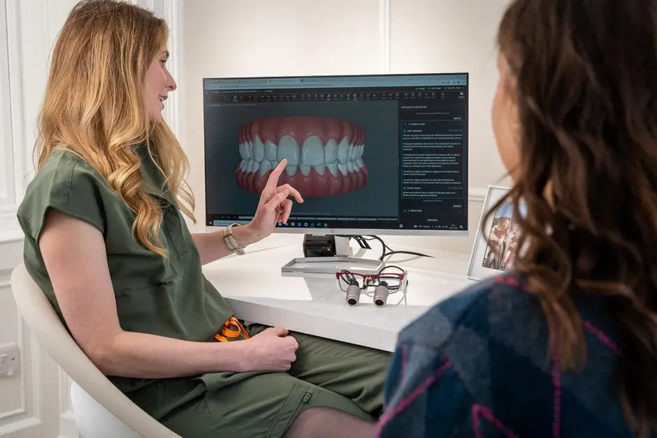 A dentist explains a digital 3D model of a patient's teeth on a computer monitor during a dental consultation.