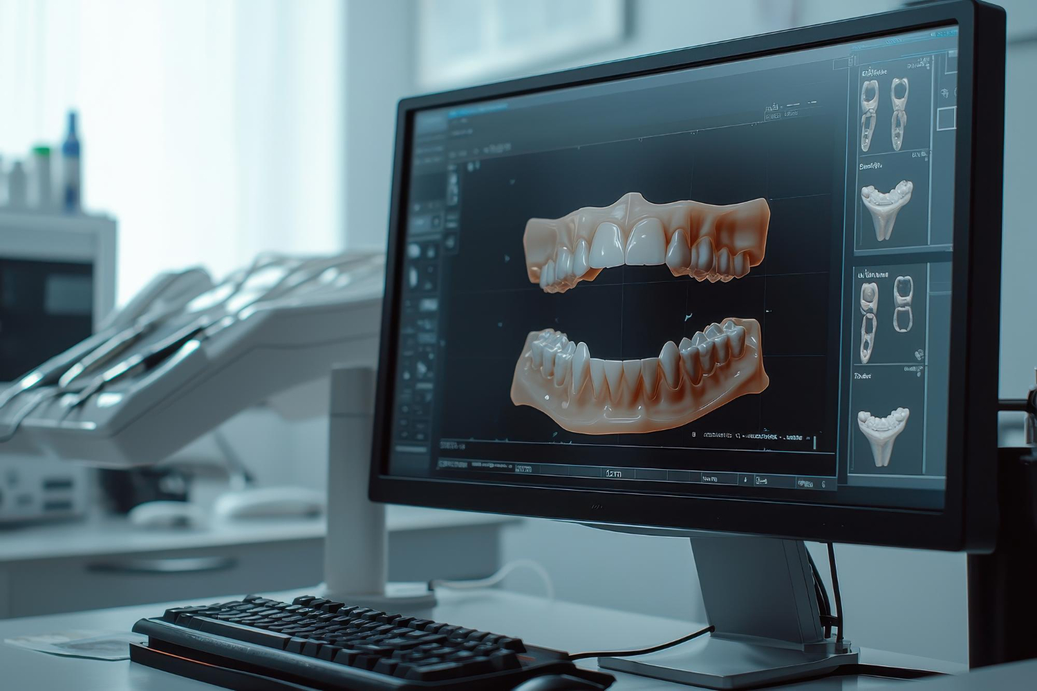 3D digital dental scan of a patient’s teeth displayed on a computer monitor for periodontal diagnosis and treatment planning.
