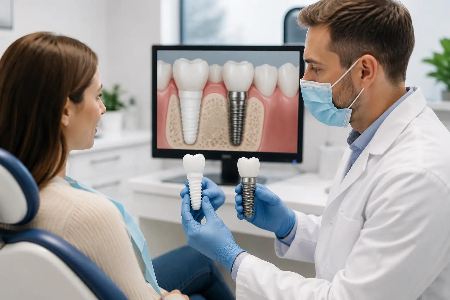 Dentist showing a patient zirconia and titanium dental implants during a consultation in a modern dental clinic.
