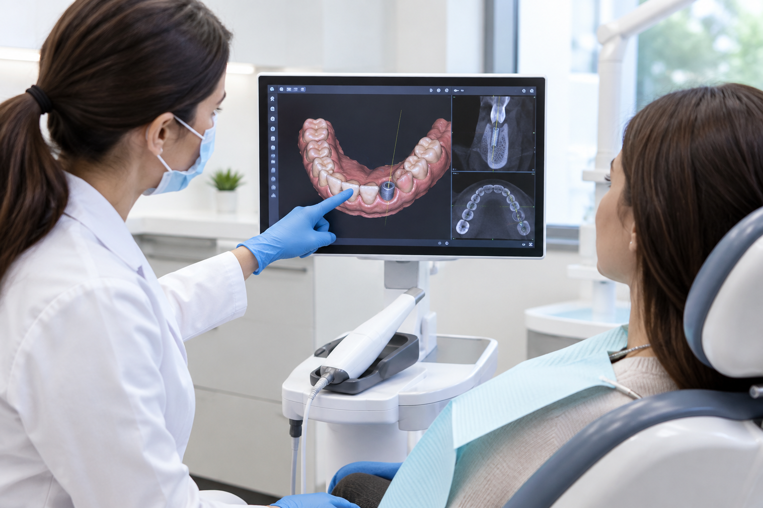Dentist reviewing a 3D digital dental scan with a patient during dental implant planning.