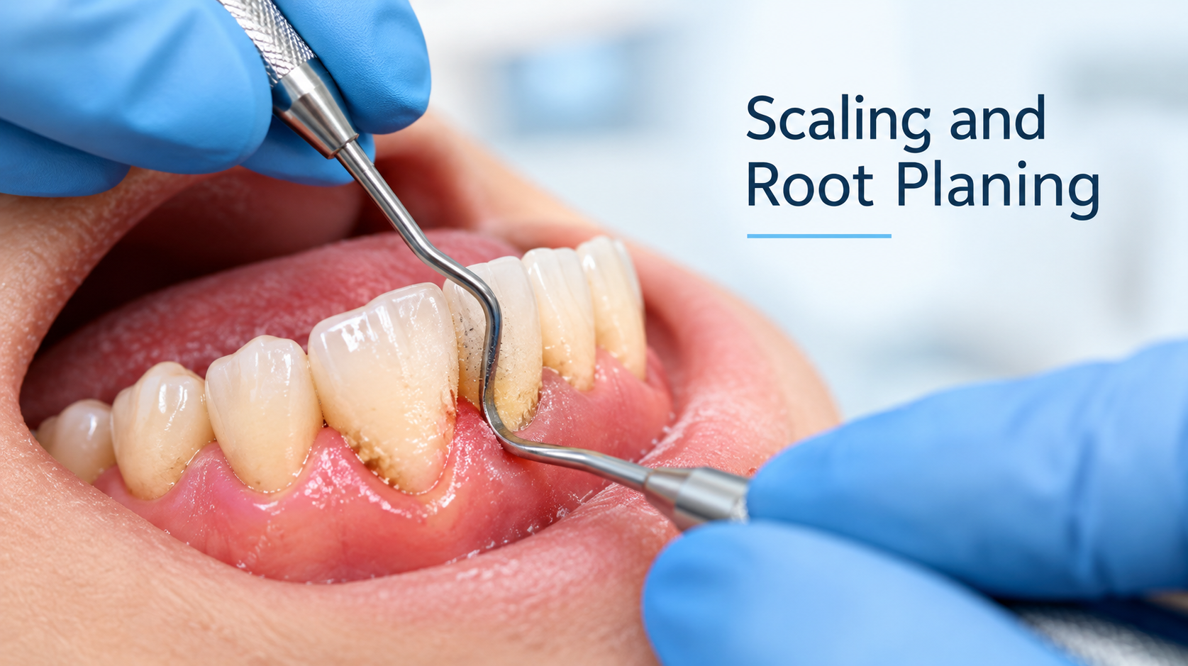 Periodontist performing scaling and root planing to remove plaque and tartar from a patient’s teeth.