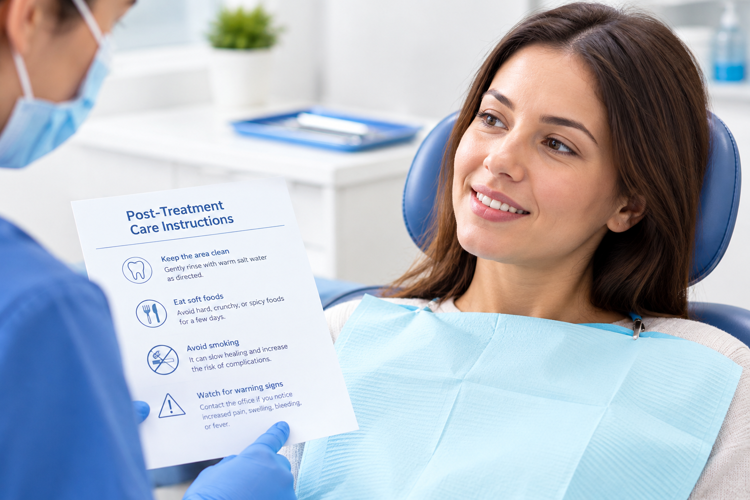 Patient receiving dental aftercare instructions after an oral biopsy procedure in a modern dental clinic setting today.