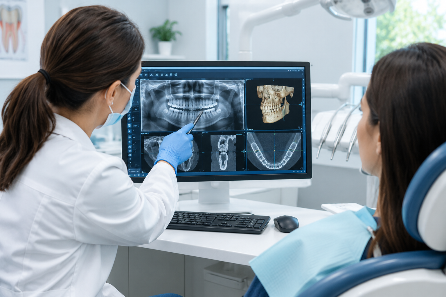 Periodontist reviewing dental X-rays and 3D digital imaging with a patient for periodontal diagnosis and treatment planning.