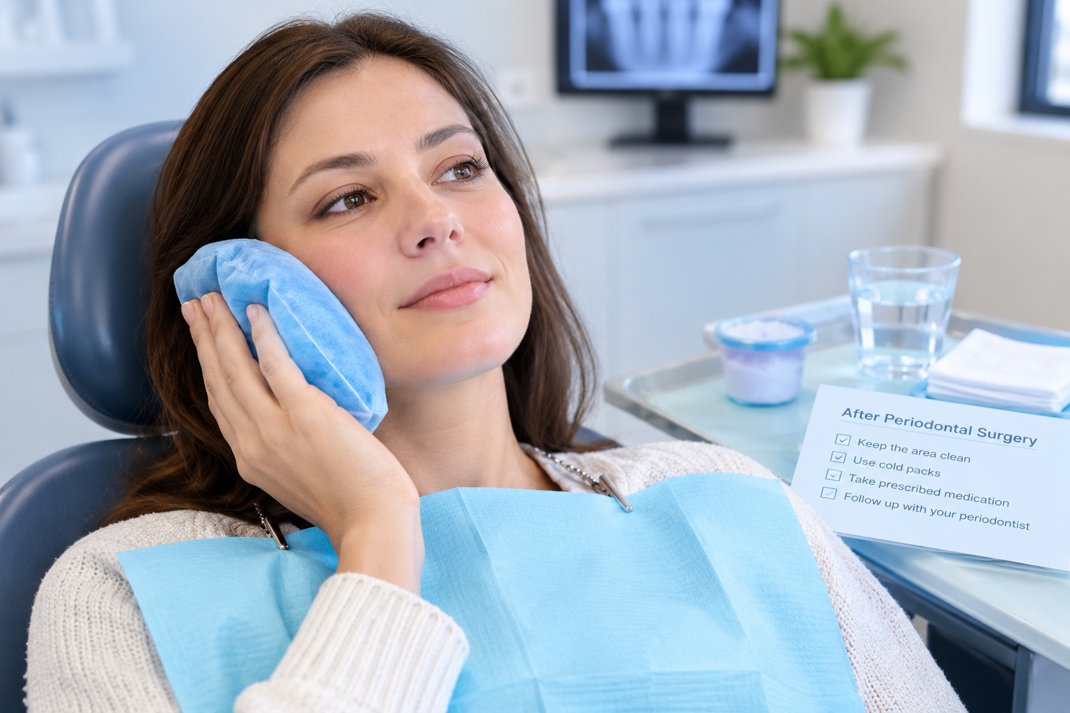 Periodontal surgery recovery with a patient using a cold pack after gum treatment and reviewing aftercare instructions now.