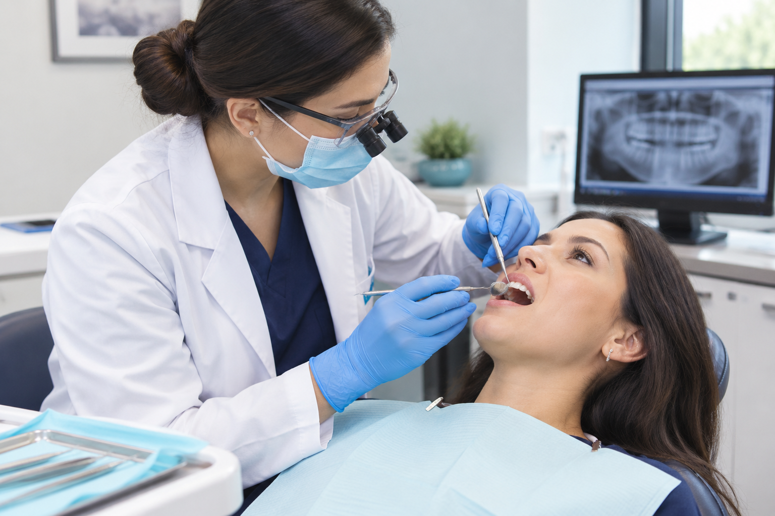 Dentist performing a periodontal examination to assess gum health and pocket depth before treatment.