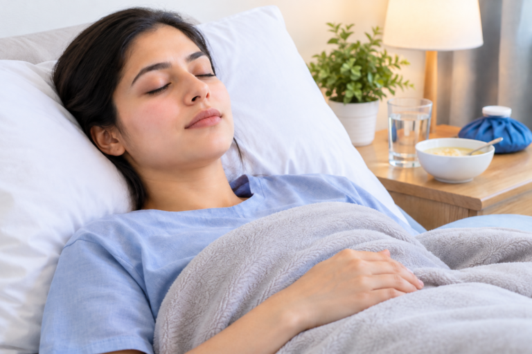 Gum surgery recovery: patient resting peacefully in bed after surgery with soft foods and gentle aftercare nearby.
